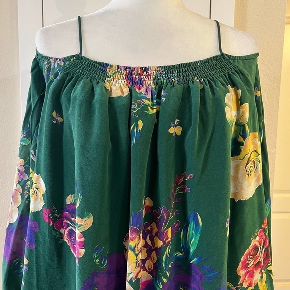 Maeve Tallie Open Shoulder Silk Blouse Size Medium Green Floral Anthropologie - Picture 7 of 10